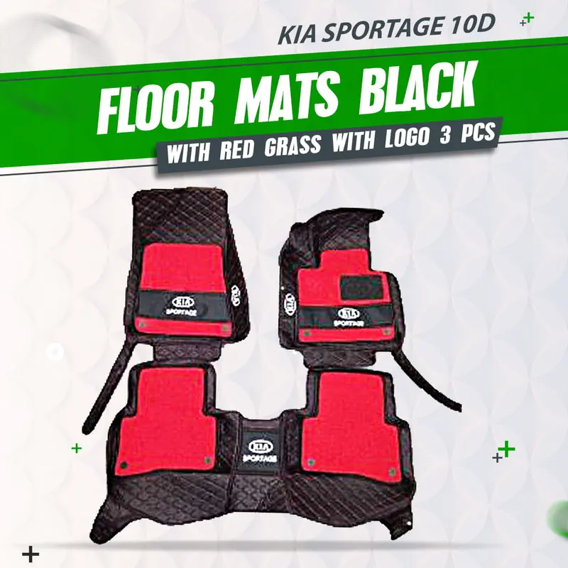 10D All-Weather Floor Mats For Kia Sportage – Black Base With Red Grass Texture & Logo (3-Piece Set, 2019–2025) 1