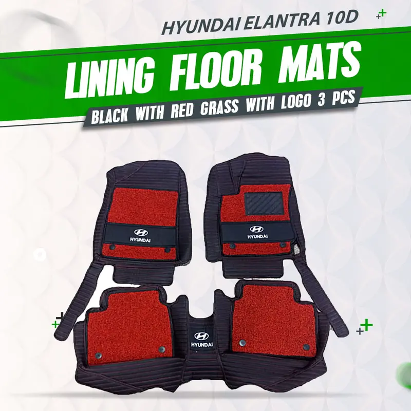 10D Floor Mats – Black With Red Grass & Logo Embroidery, 3-Piece Set For 2021–2024 Hyundai Elantra 1