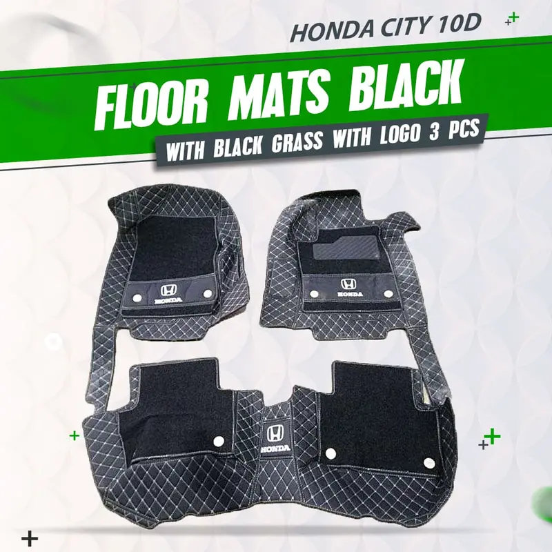 10D Mixed-Thread Floor Mats – Black & Black Grass Texture With Logo, 3-Piece Set For Honda City (2008–2025) 1