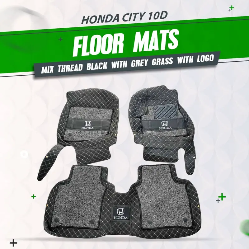10D Mixed-Thread Floor Mats – Black & Grey Grass Texture With Logo, 3-Piece Set For Honda City (2008–2025) 1