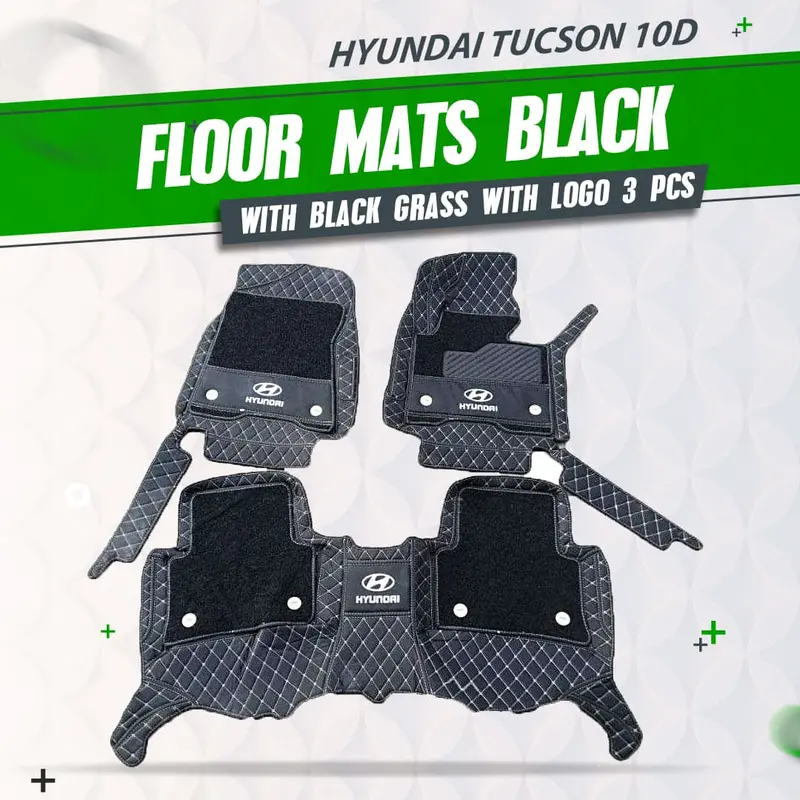 10D Textured Floor Liners For Hyundai Tucson (Black Grass Pattern, Logo-Emblazoned, 3-Pc Set — 2020–2025) 1