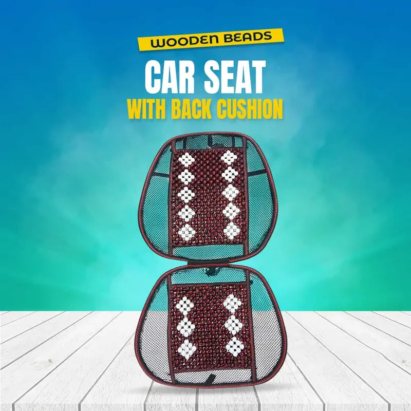2-In-1 Wooden Beads Car Seat With Removable Back Cushion – Brown And White Design 1