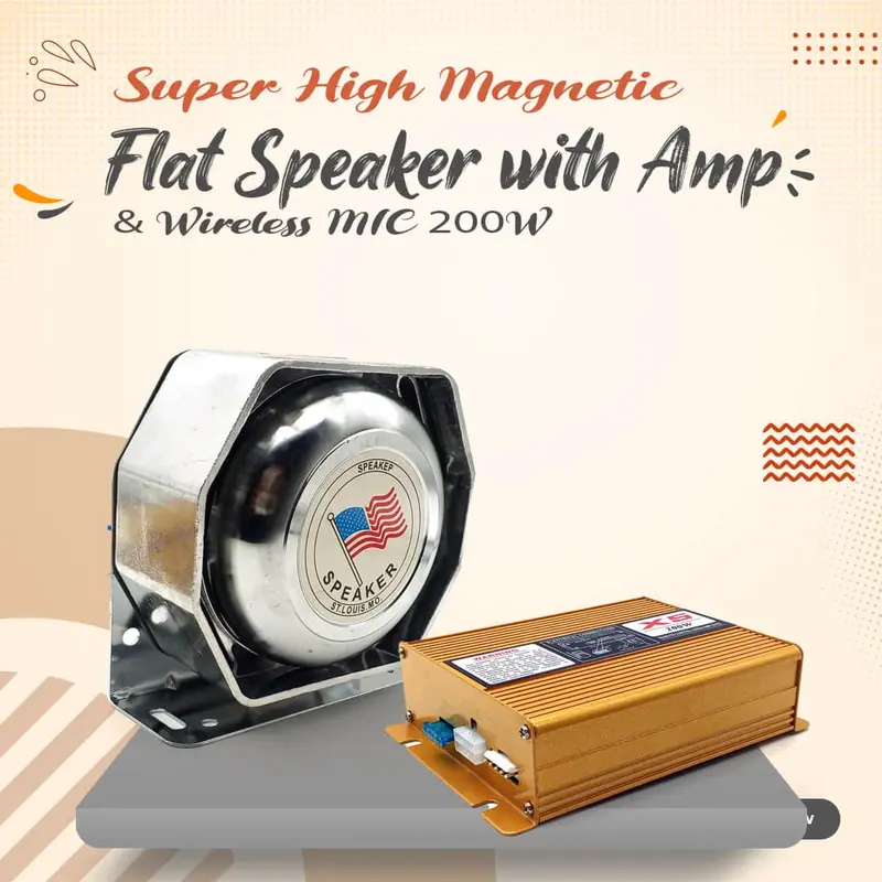 200W Magnetic Flat Speaker System With Amp & Wireless Mic – Police/Ambulance Siren 1