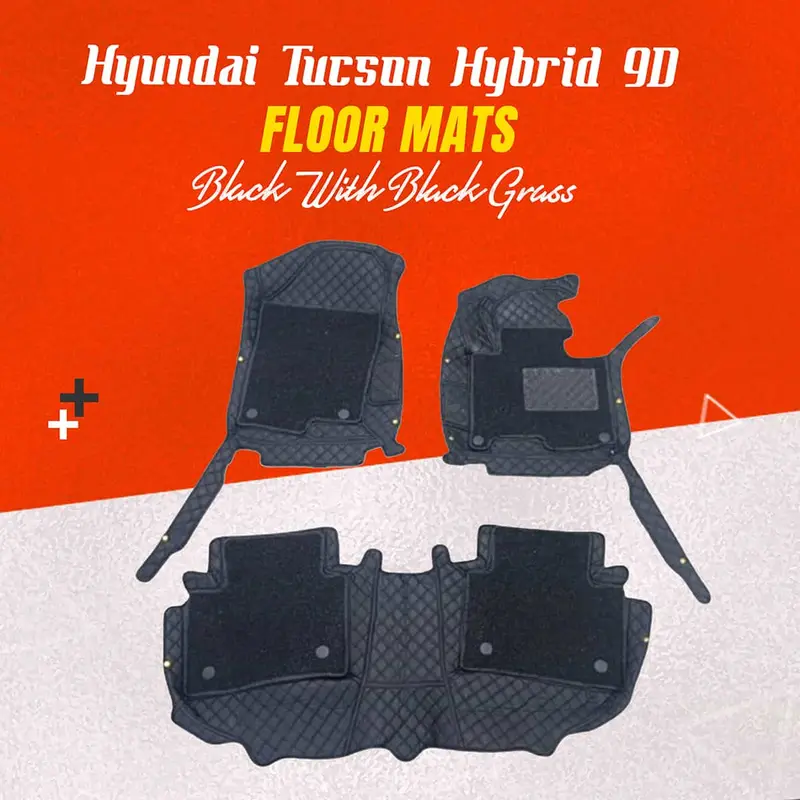 2025–2026 Hyundai Tucson Hybrid 9D Floor Mats – Black With Black Grass Texture (3-Piece) 1