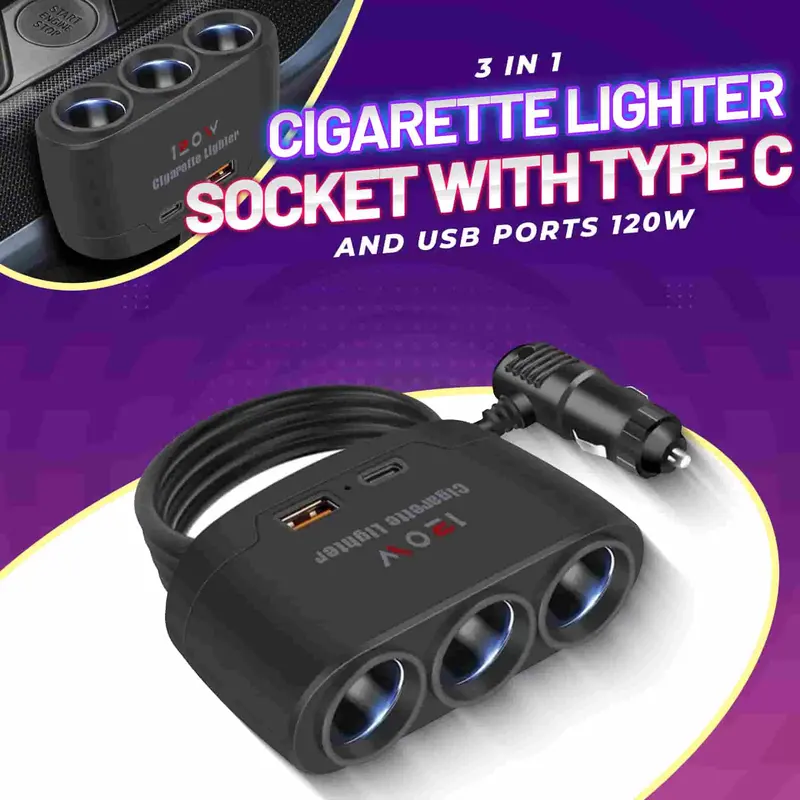 3-Port Vehicle Power Socket – 120W Cigarette Lighter Adapter With Usb-A + Usb-C 1