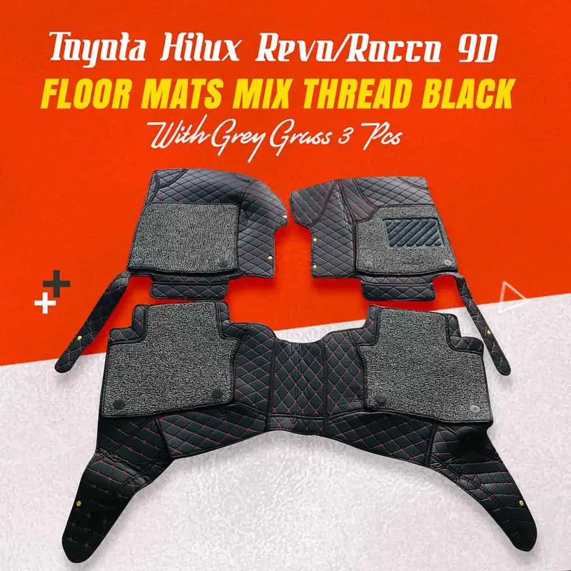 9D Mixed-Thread Floor Mats (Black Base + Grey Grass) – 3-Piece Hilux Revo & Rocco Set 1