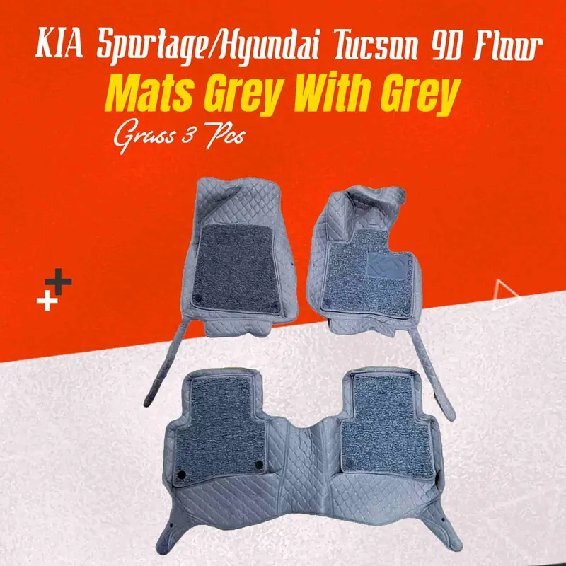 9D Universal Floor Mats For Kia Sportage & Hyundai Tucson – Grey Grass Texture With Mixed Threads (3-Piece) 1
