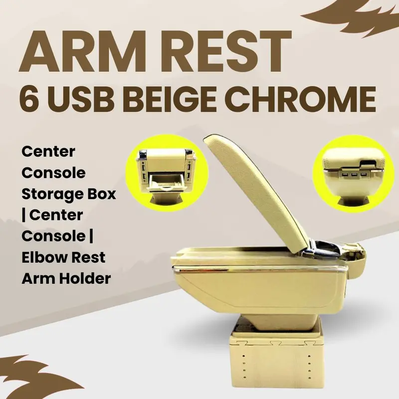 Beige Chrome Universal Center Console Armrest With 6-Port Usb Hub & Storage 1