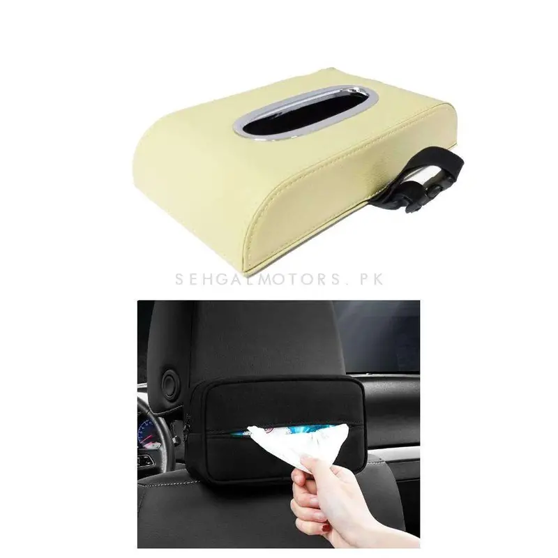 Beige Leather-Style Tissue Holder – Universal Car Headrest Mount Case 1