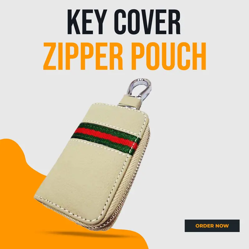 Beige Matte Leather Zippered Key Cover – Universal Fit With Keychain Ring 1