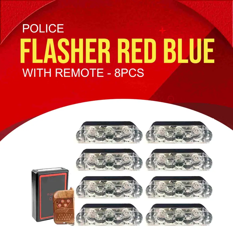 Compact 3-Inch Police Flasher – Red & Blue Led Light With Remote (8-Piece Set) 1