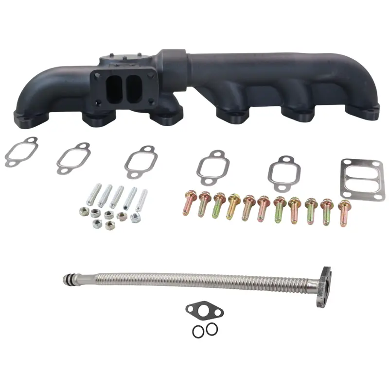 Diesel Power Source Ford-To-Cummins T3 Manifold Conversion Kit – 2-Piece Exhaust Manifold + 19″ Stainless Oil Drain For 5.9L 12V Swap 1