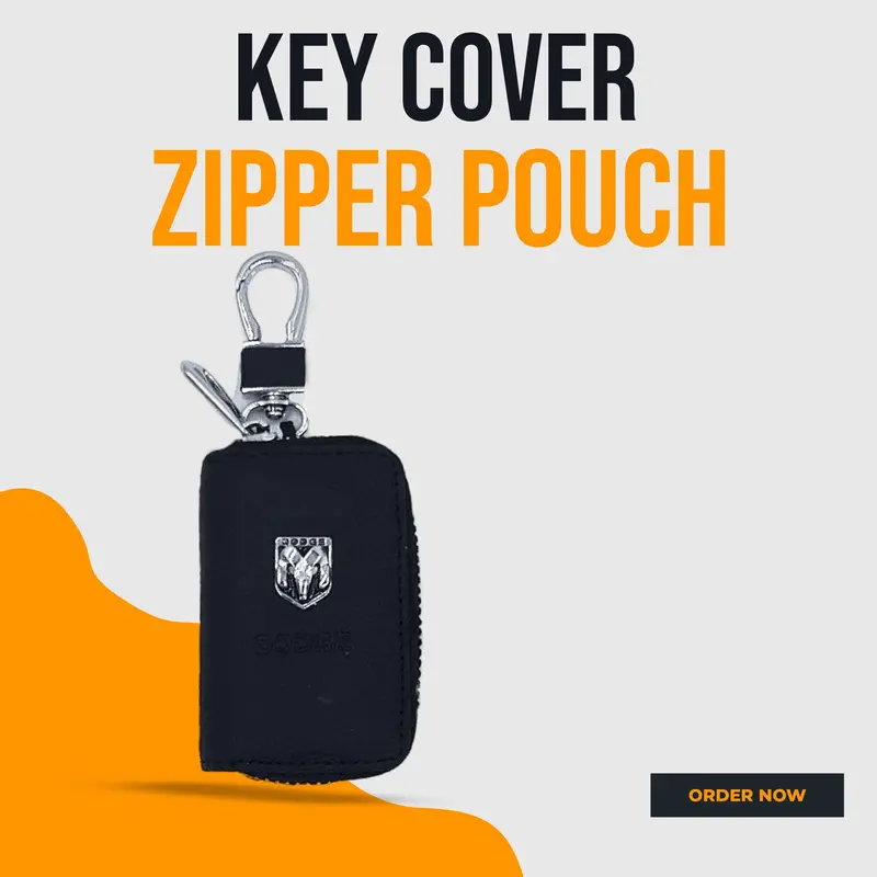 Dodge-Themed Matte Leather Key Sleeve – Black Zippered Pouch With Ring 1
