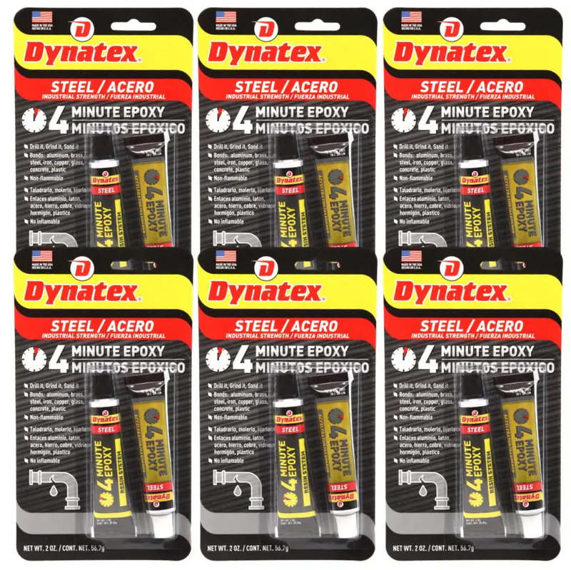 Dynatex 4-Minute Steel-Reinforced Epoxy – 2 Oz, Drillable, Sandable Repair Compound For Metal & Masonry (6-Pack) 1