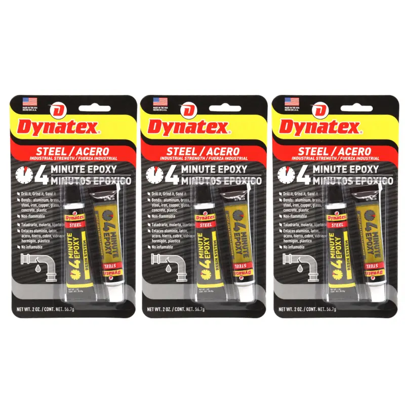 Dynatex 4-Minute Steel-Reinforced Epoxy – 2 Oz, High-Performance Bonding Agent For Metal & Wood (3-Pack) 1