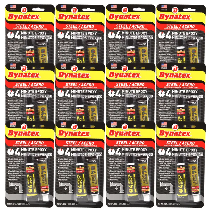 Dynatex 4-Minute Steel-Reinforced Epoxy – 2 Oz, Metallic-Finish Cure, Drillable & Sandable For Metal, Wood & Masonry (12-Pack) 1