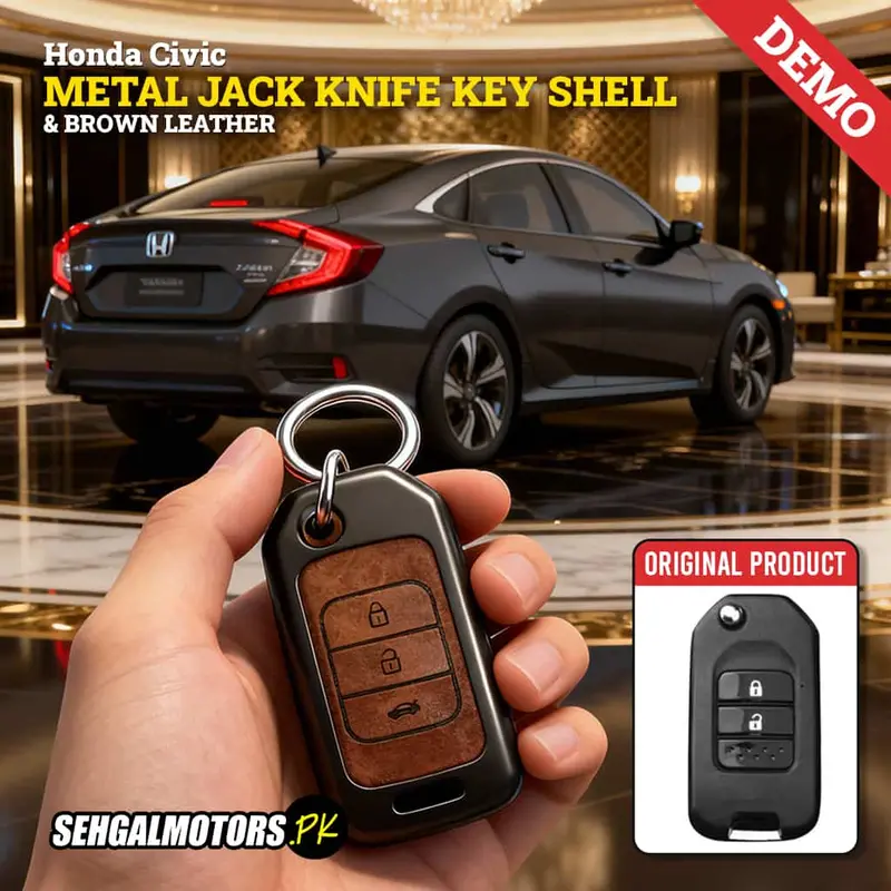 Honda Civic 2013–2015 Jackknife Metal Key Shell With Brown Leather And Keychain 1