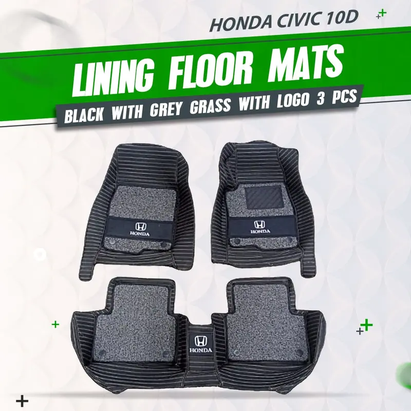 Honda Civic (2016–2021) 10D Embroidered Floor Mats – 3-Piece Set, Black & Grey Grass Weave With Logo 1