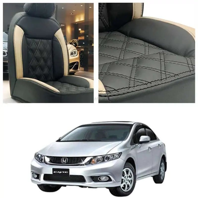 Honda Civic Ferrari-Style Black & Beige Diamond-Stitch Seat Covers (2012–2016) 1