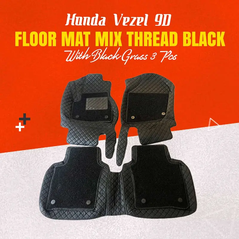Honda Vezel 9D Floor Mat Set (3-Piece) – Black Thread & Black Grass Design (2013–2025) 1