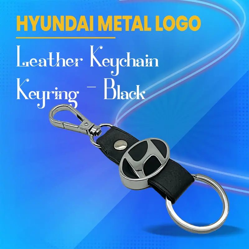 Hyundai-Branded Black Leather Keychain With Embossed Crest And Robust Ring 1