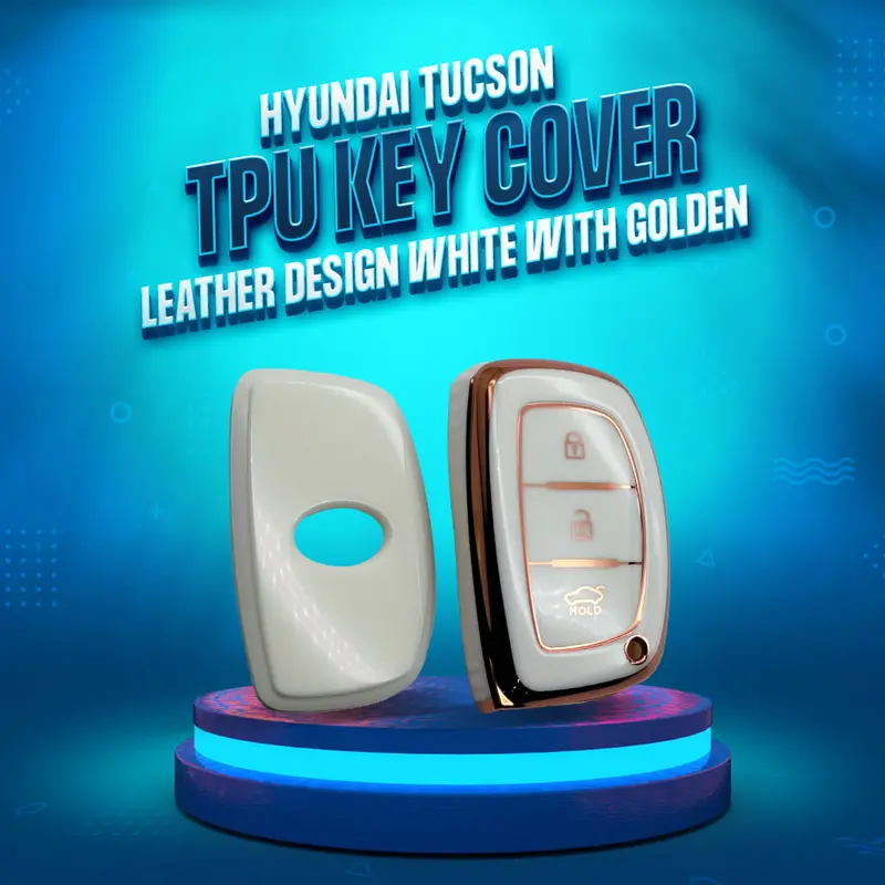 Hyundai Tucson Tpu Key Cover – White With Gold Accents & Leather-Like Texture (3-Button, 2020–2024) 1