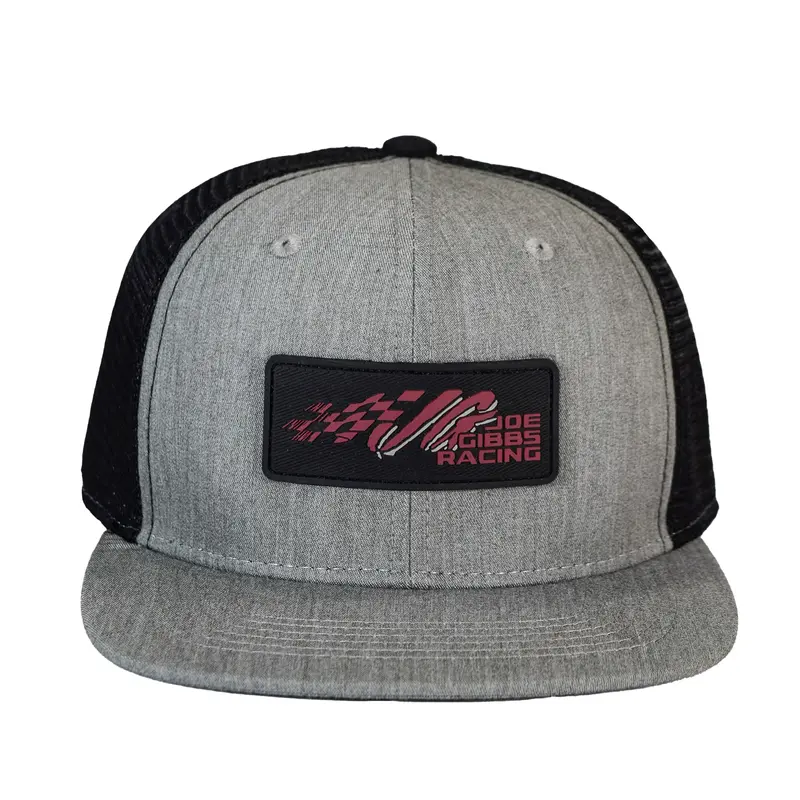 Joe Gibbs Racing Flatbill Trucker Hat – Light Grey Polyester Mesh, Rubber Patch Logo, Snapback Closure 1