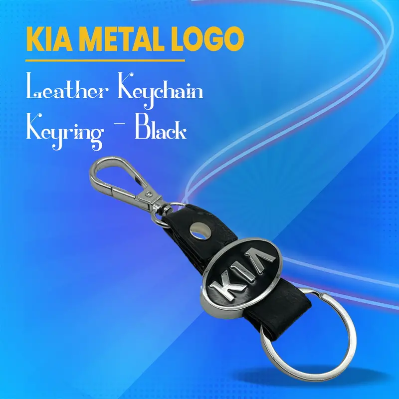 Kia-Branded Black Leather Keychain With Raised Metal Logo And Heavy-Duty Ring 1