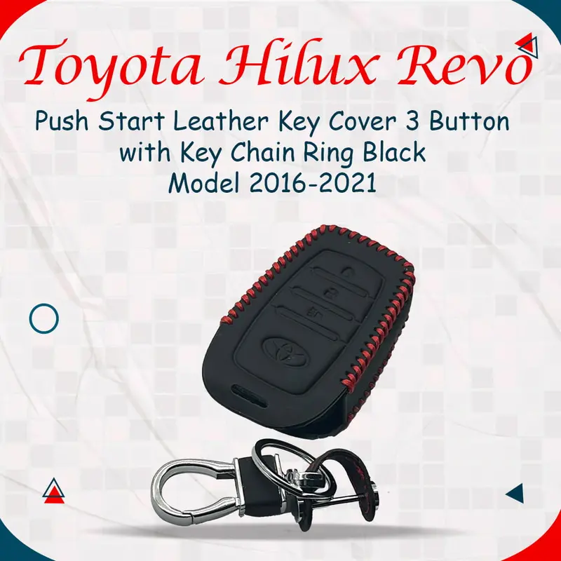 Leather Push-Start Key Cover With Ring And Keychain – Black, 3-Button Design For Toyota Hilux Revo And Rocco 1