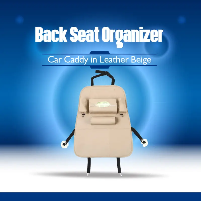 Leather-Trimmed Universal Backseat Organizer For Cars – Beige Car Caddy With Storage Pockets 1