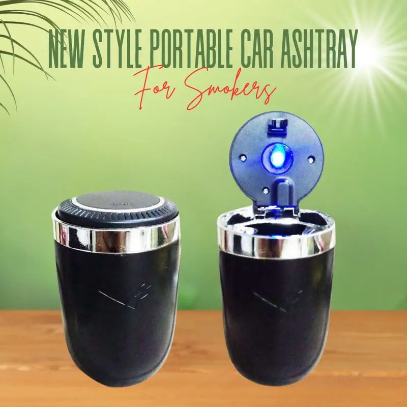 Led-Illuminated Portable Car Ashtray – Black & Chrome Design For Smokers 1