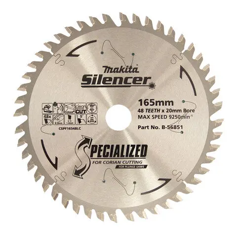Makita 165Mm Plunge Saw Tct Blade – 48T, 2Mm Kerf, Optimized For Corian & Solid Surfaces – B-56851 1