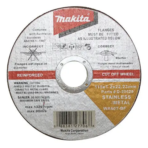 Makita Wa60T Stainless Steel Cut-Off Disc – 115Mm X 1.2Mm X 22Mm, 12-Unit Tin Packaging (D-20529-12) 1