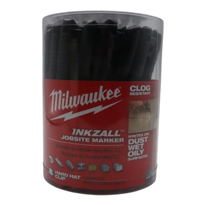 Milwaukee Inkzall Fine-Point Jobsite Marker – Dust-, Wet-, And Oil-Resistant Black Ink, Clog-Free Tip, Hard Hat Clip & Lanyard Hole, Anti-Roll Design 1