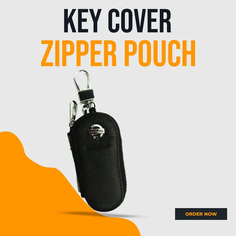 Nissan-Branded Matte Leather Key Cover – Zippered Black Pouch With Keychain Ring 1