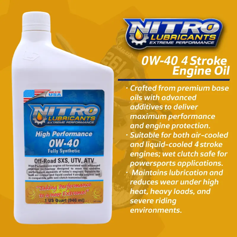 Nitro Lubricants 0W-40 Fully Synthetic 4-Stroke Engine Oil – High-Performance Motorcycle & Utv Oil, 1 Quart (12-Pack) 1