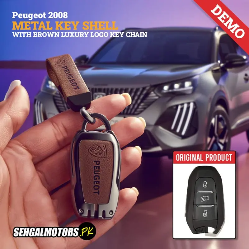 Peugeot 2008 Metal Key Shell (2022–2024) – Brown Logo-Engraved Replacement Case With Keychain 1