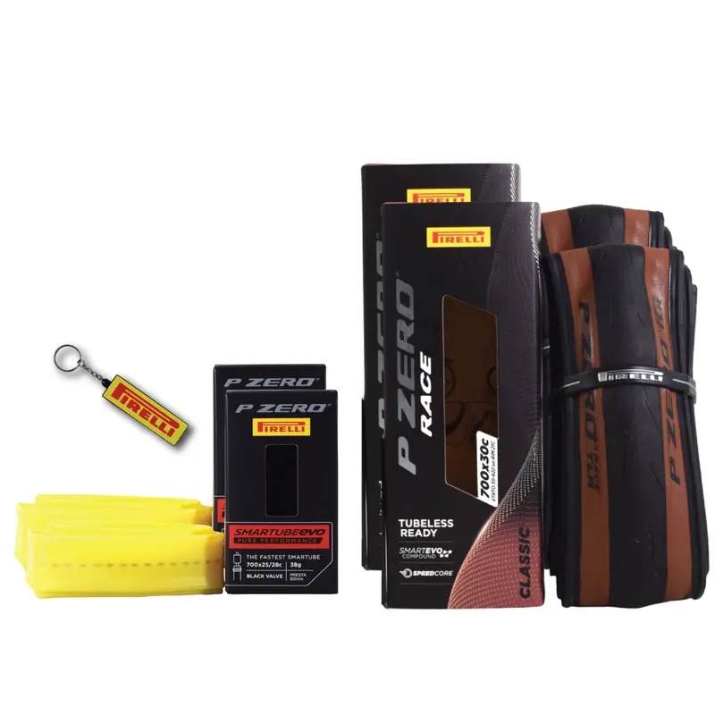 Pirelli P Zero Race Tlr Classic Road Tire & Tube Set – 700X30C Tubeless-Ready Tire + 25/28-622 Tube, Lightweight Racing Combo, Tan Sidewall, Smartevo Compound, Keychain Included (2-Pack) 1