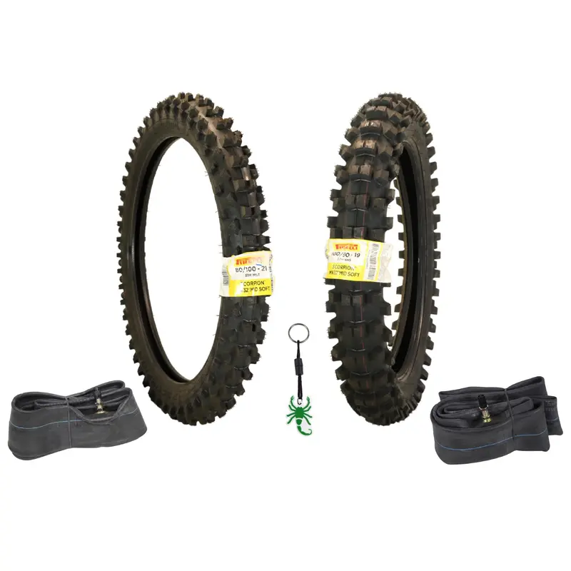 Pirelli Scorpion Mx32 Mid-Soft Motocross Tire Combo – Front 80/100-21 + Rear 100/90-19 Bias-Tube Tires With 2 Heavy-Duty Tubes – Soft-Terrain Racing Kit 1