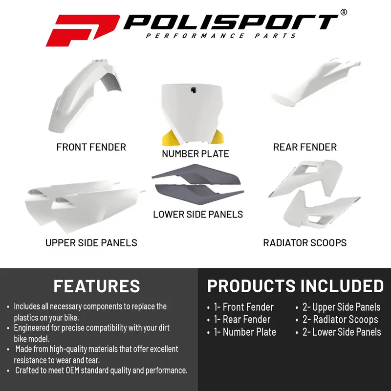 Polisport Mx Replica Plastic Kit For 2019–2022 Husqvarna Tc250 – White/Yellow Styling, Authentic Motocross Aesthetics 1