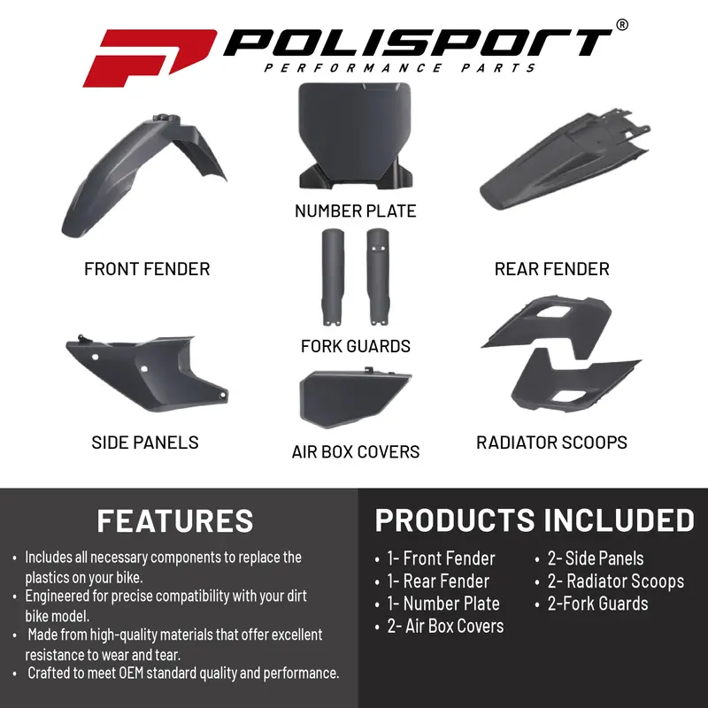 Polisport Mx Replica Plastic Kit For 2023–2024 Husqvarna Tc/Fc Dirt Bikes – Nardo Grey, Oem-Grade Durability & Precision Fit 1