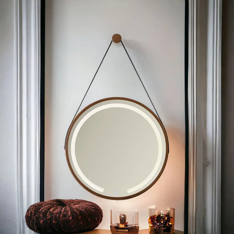 Round Adnet-Style Led Mirror – 45 Cm Touch-Controlled, Dimmable Brown Frame 1