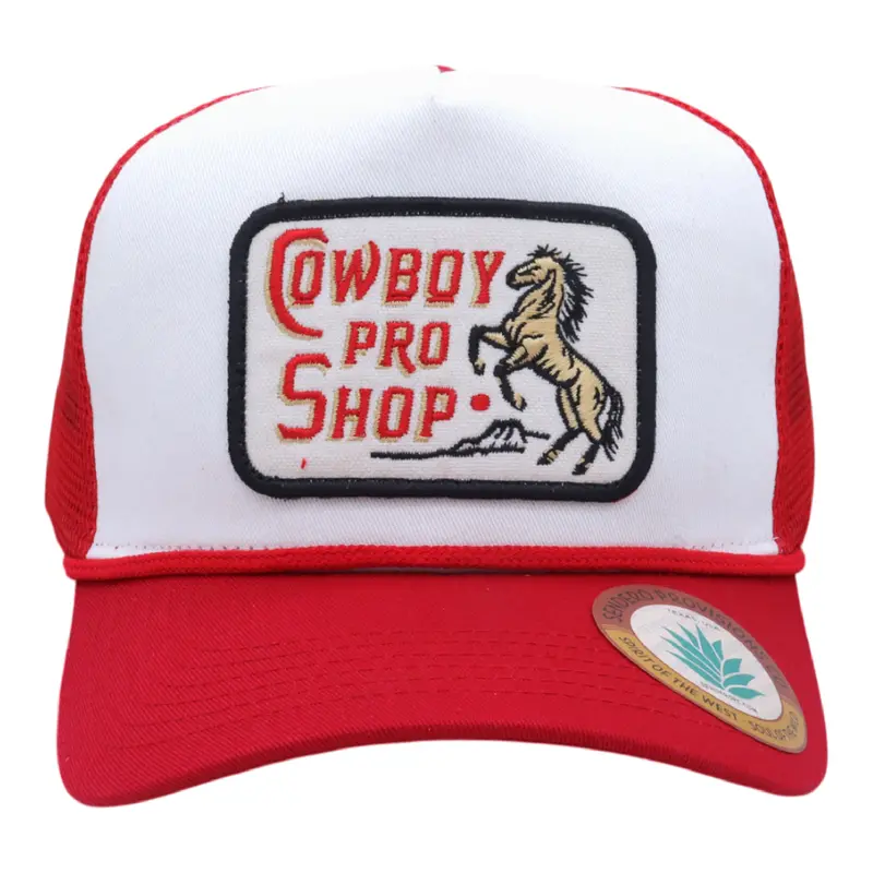 Sendero Provisions Co. Cowboy Pro Shop Trucker Hat – White/Red Colorway, Embroidered Logo, Breathable Mesh Back 1