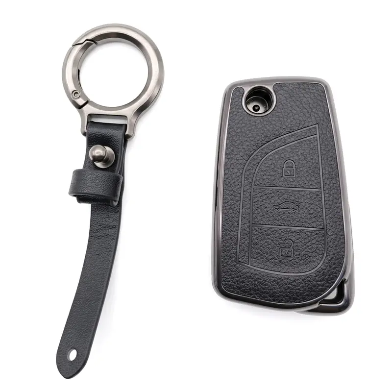 Toyota Corolla 2015–2016 Jackknife-Style Tpu Key Cover With Leather Texture & Keychain (3-Button) 1