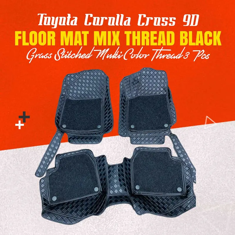 Toyota Corolla Cross 9-Piece Custom Floor Mat Set – Black With Grass Texture & Multicolor Thread, 2022–2025 1
