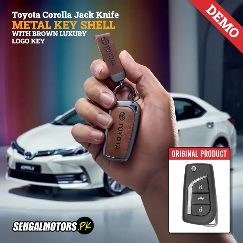 Toyota Corolla & Vitz Metal Key Shell (2015–2016) – Brown Logo-Embossed Replacement Case 1