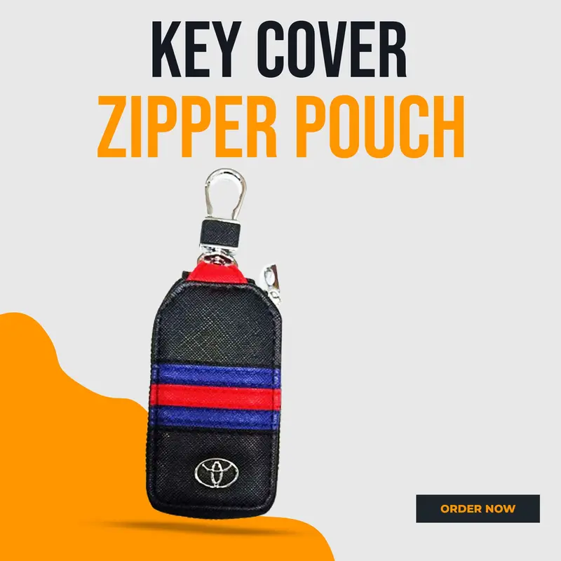 Toyota Denim-Style Key Cover With Zipper, Red & Blue Accent Strip, And Keyring – Black 1