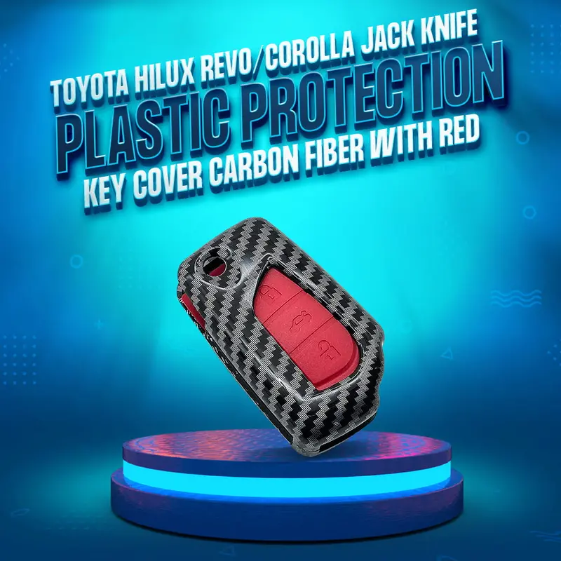 Toyota Hilux Revo, Rocco & Corolla Jackknife Key Cover – 3-Button Carbon Fiber Shell With Red Pvc Trim 1